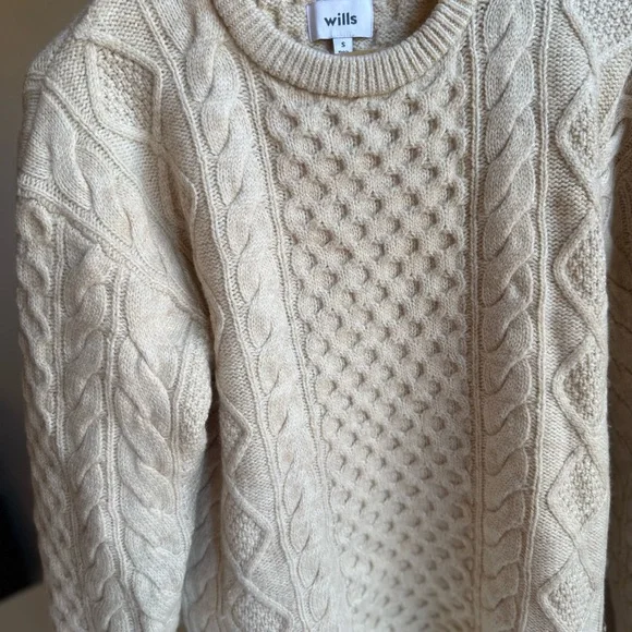 Wills 100% Wool Sweater Size S Cream Beige Cable Knit Men’s - Picture 7 of 15